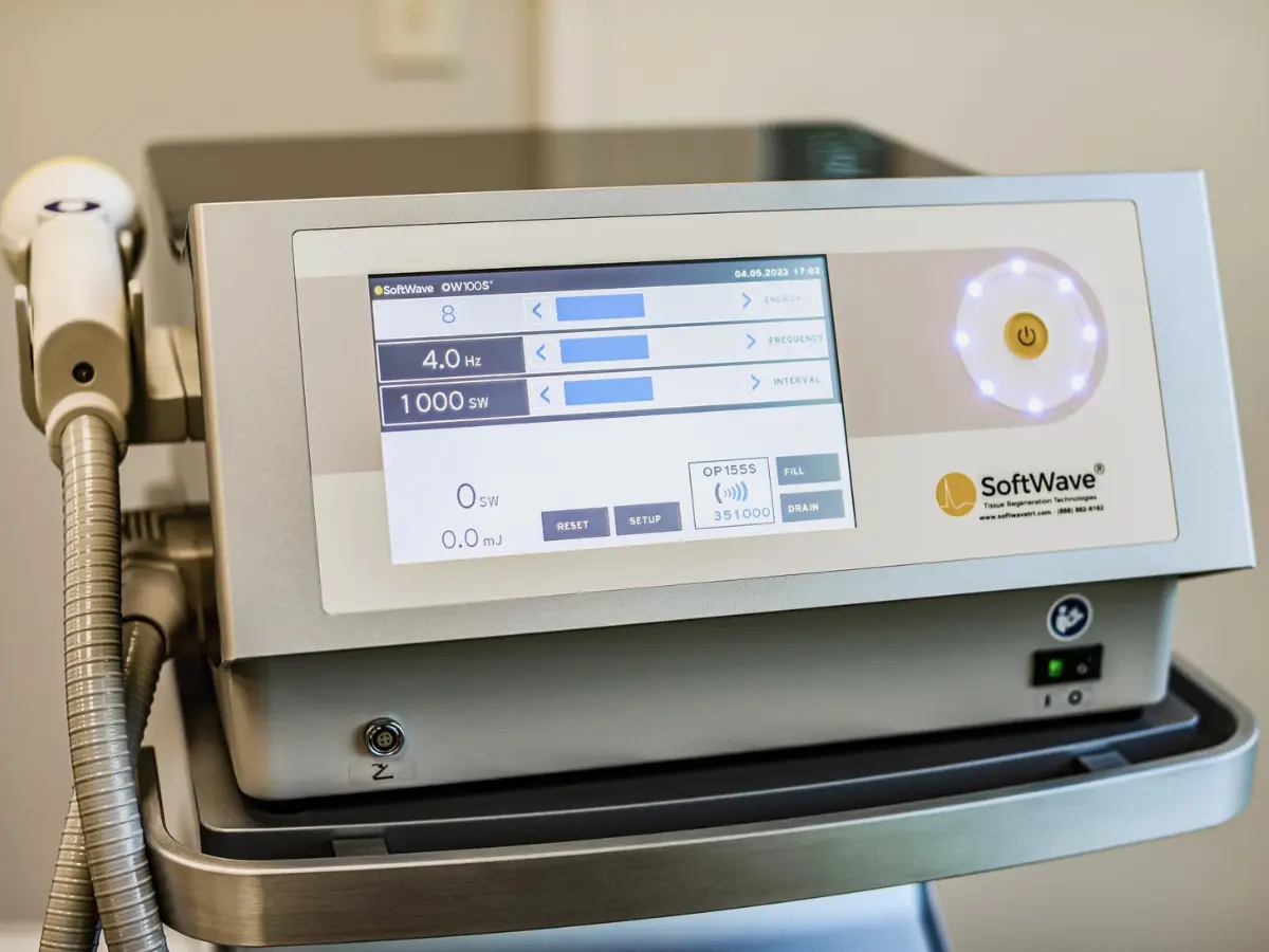 The FDA-cleared SoftWave acoustic wave therapy device at Waters Edge Medical Clinic